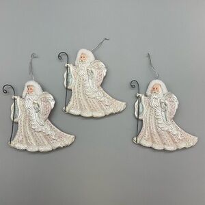 Silver White Glitter Santa Ornament Set of 3  Vtg 90s